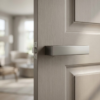 Carlina on Hidden Rosette minimalist internal door handles in a dark graphite finish, featuring a clean rectangular profile on a light grey timber door.
