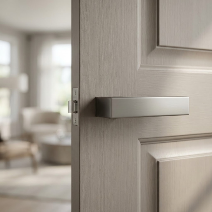 Carlina - Graphite Carlina on Hidden Rosette minimalist internal door handles in a dark graphite finish, featuring a clean rectangular profile on a light grey timber door.