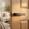 Minimalist internal door handles in a bold matt black finish from the Carlina range, mounted with a hidden rosette on a natural oak wood door.