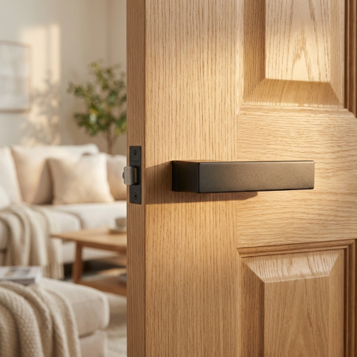 Carlina - Matt Black Minimalist internal door handles in a bold matt black finish from the Carlina range, mounted with a hidden rosette on a natural oak wood door.