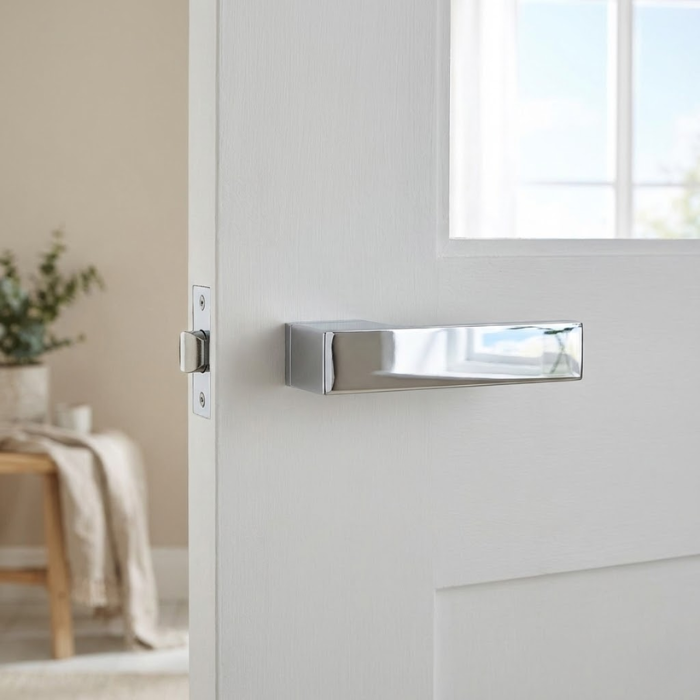Carlina - Polished Chrome High-shine polished chrome Carlina on Hidden Rosette minimalist internal door handles with a mirror-like reflective finish on a bright white door.