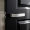 Sleek satin chrome Carlina on Hidden Rosette minimalist internal door handles with a smooth brushed texture, installed on a modern black interior door.