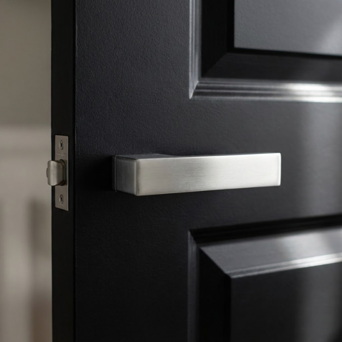 Carlina - Satin Chrome Sleek satin chrome Carlina on Hidden Rosette minimalist internal door handles with a smooth brushed texture, installed on a modern black interior door.