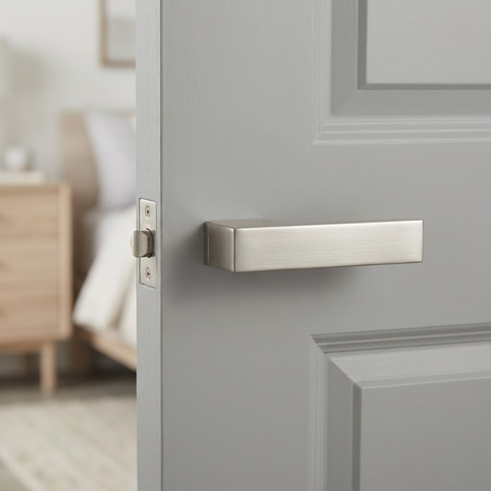 Carlina - Satin Nickel Minimalist internal door handles in an elegant satin nickel finish from the Carlina collection, featuring a hidden rosette on a soft grey paneled door.
