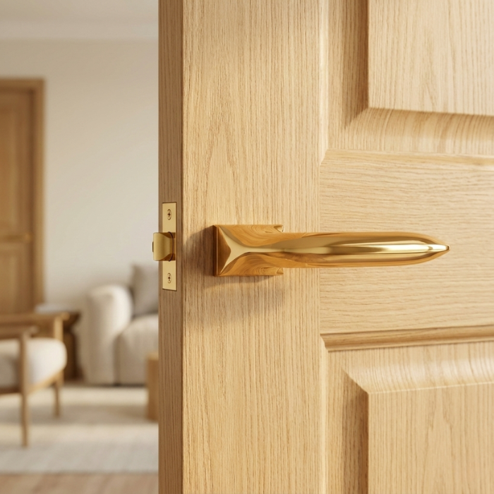 Gladiola - PVD Gold Luxurious PVD Gold Gladiola on Hidden Rosette hidden rosette internal door handles with a high-shine reflective finish on a natural oak wood door.