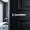 Hidden rosette internal door handles in a modern satin chrome finish from the Gladiola range, installed on a contemporary black paneled door.