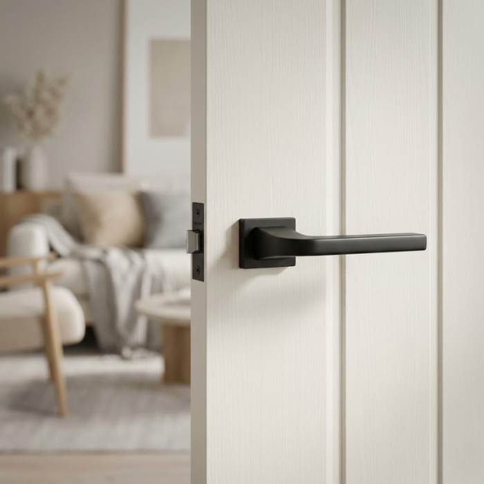 Ismena - Matt Black Exclusive rectangle door handles in a bold matt black finish from the Ismena range, mounted on a bright white door with vertical panel detailing.