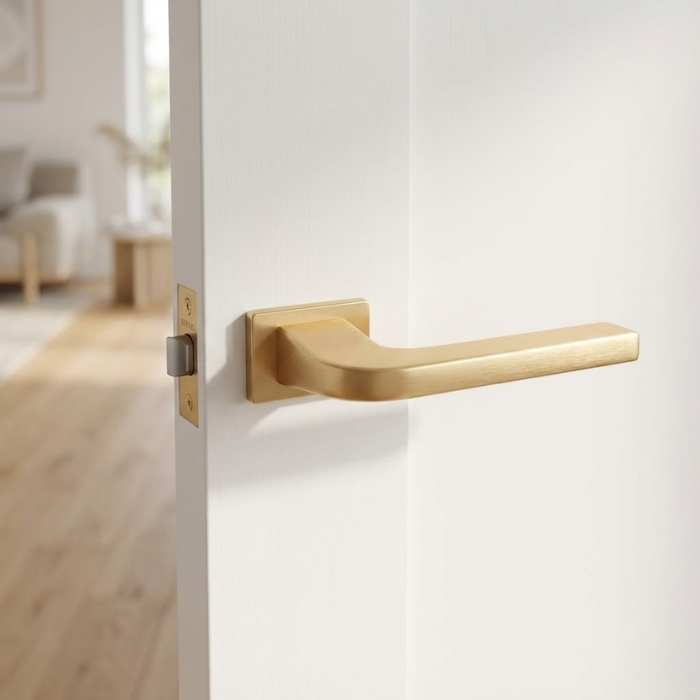 Ismena - Matt Gold Ismena on Rectangle Rosette exclusive rectangle door handles featuring a soft matt gold finish, installed on a minimalist white interior door.