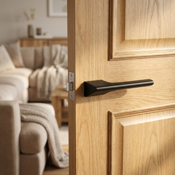 Lupina - Matt Black Hidden modern internal door handles in a bold matt black finish from the Lupina range, installed with a seamless hidden rosette on a natural oak door.