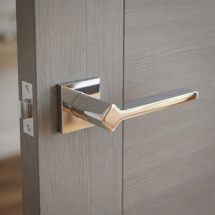 Ninfea - Q - Polished Chrome Sophisticated square door handles in a mirror-like polished chrome finish from the Ninfea range, mounted on a modern grey wood grain door.