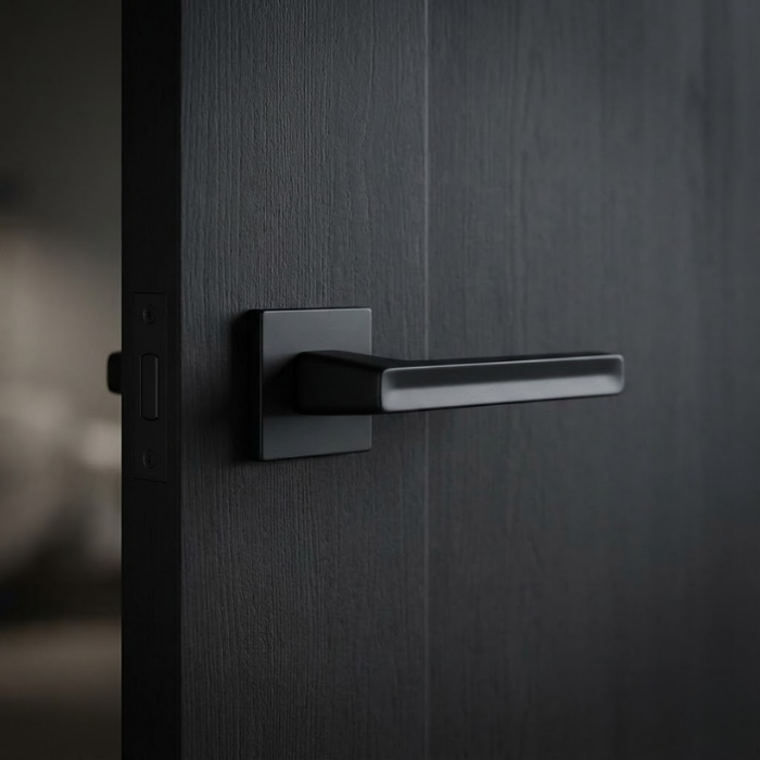 Pea - Matt Black Pea on Square Rosette strong square internal door handles in a bold matt black finish, mounted on a dark textured wood door for a modern look.