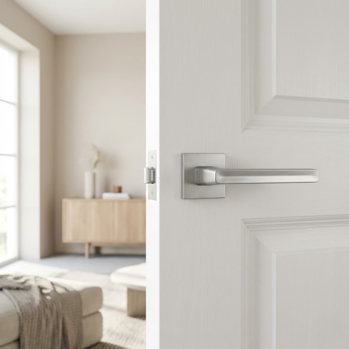 Pea - Satin Chrome Strong square internal door handles in a sleek satin chrome finish from the Pea on Square Rosette range, installed on a bright white interior door.
