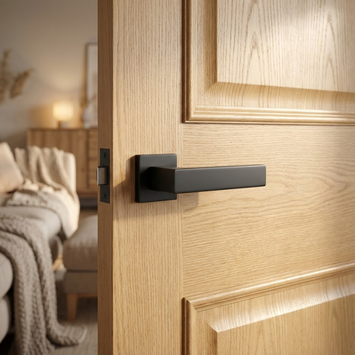 Pina - Matt Black Bold matt black Pina on Square Rosette elegant square internal door handles providing a striking modern contrast on a natural oak wood door.