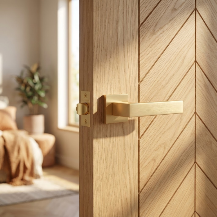 Pina - Matt Gold Pina on Square Rosette elegant square internal door handles in a soft matt gold finish, installed on a decorative chevron-patterned oak door.