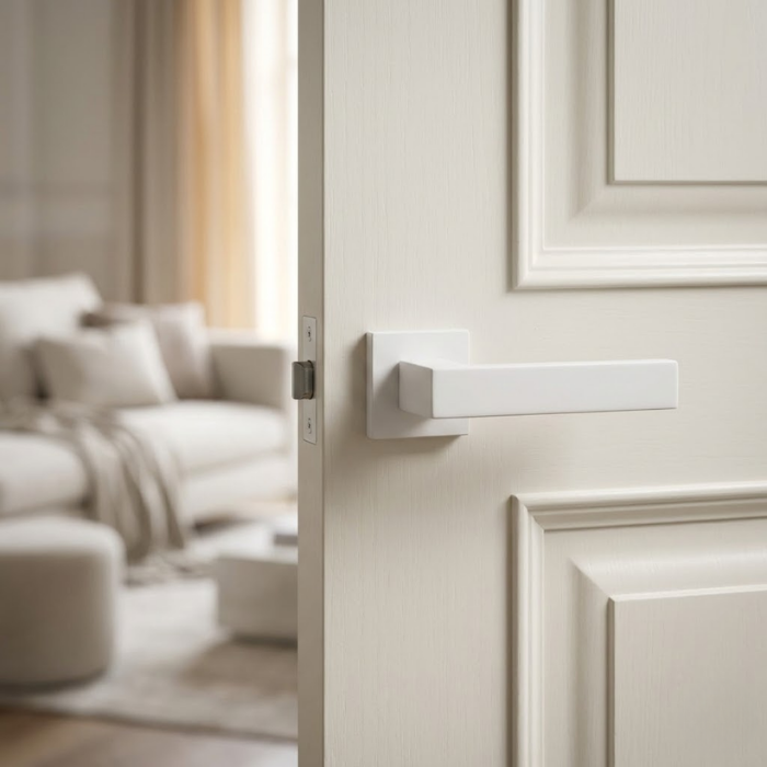 Pina - Matt White Elegant square internal door handles in a clean matt white finish from the Pina collection, installed on a matching off-white paneled door.