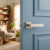 Elegant square internal door handles in a warm satin nickel finish from the Pina collection, mounted on a contemporary blue interior door.