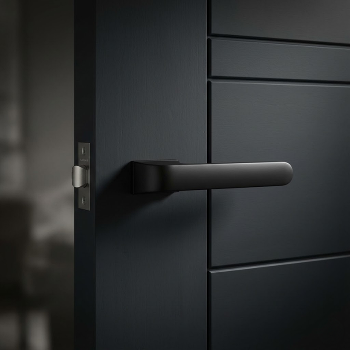 Plumeria - Matt Black Plumeria on Hidden Rosette hidden luxury internal door handles in a bold matt black finish, featuring a smooth ergonomic lever on a modern dark grey door.