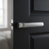 High-shine polished chrome Plumeria on Hidden Rosette hidden luxury internal door handles with a reflective mirror finish on a bright white interior door.