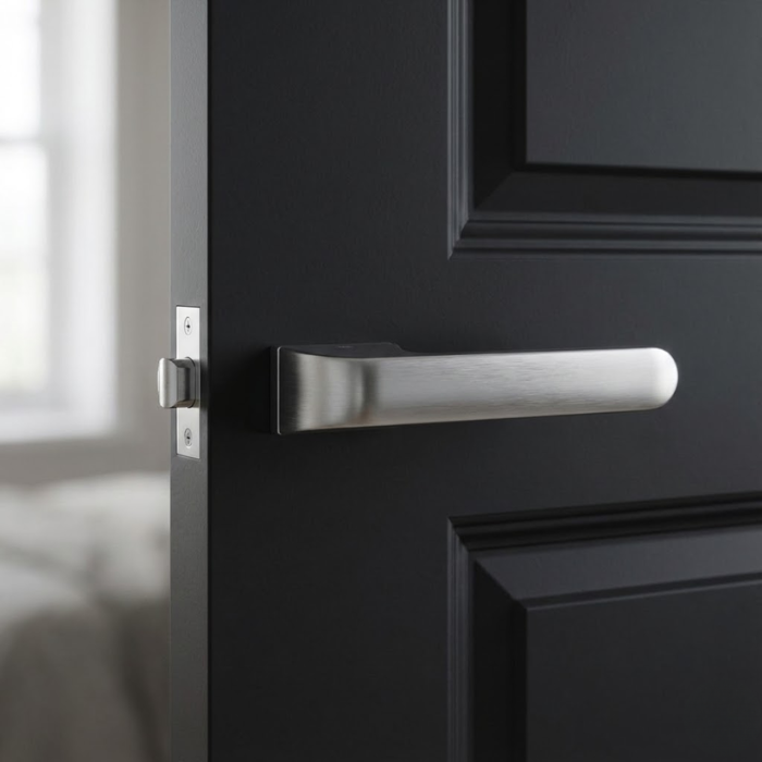 Plumeria - Satin Chrome High-shine polished chrome Plumeria on Hidden Rosette hidden luxury internal door handles with a reflective mirror finish on a bright white interior door.