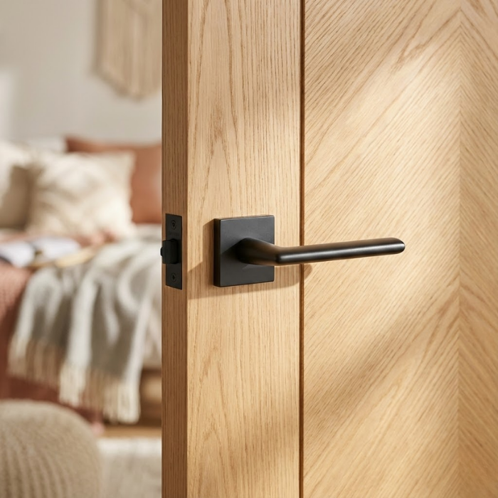 Primula - Matt Black Primula on Square Rosette internal premium door handles in a bold matt black finish, mounted on a natural oak door with a modern chevron pattern.