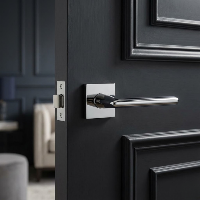 Primula - Polished Chrome High-shine polished chrome Primula on Square Rosette internal premium door handles featuring a reflective mirror-like finish on a sophisticated dark grey paneled door.