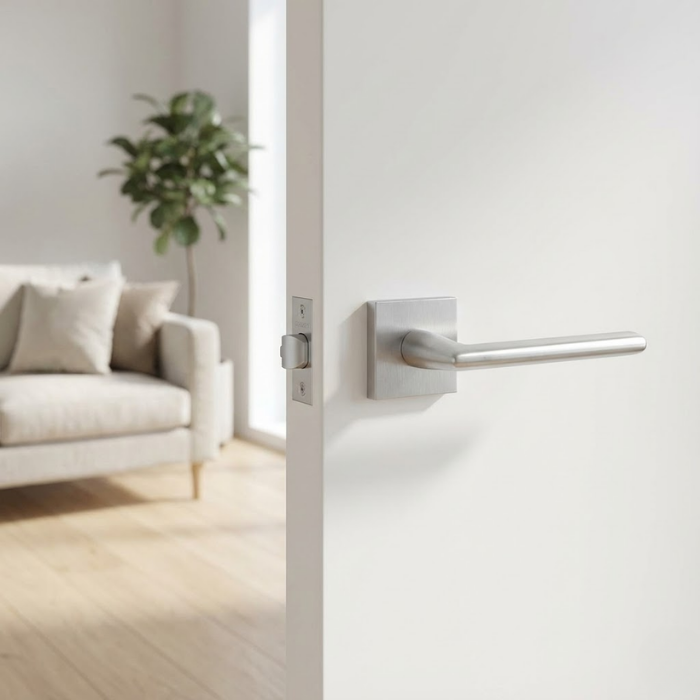 Primula - Satin Chrome Internal premium door handles in a sleek satin chrome finish from the Primula on Square Rosette collection, installed on a minimalist white interior door.