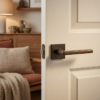 Understated square door handles in a warm brown finish from the Pyrola range, mounted on a classic cream-colored paneled door.