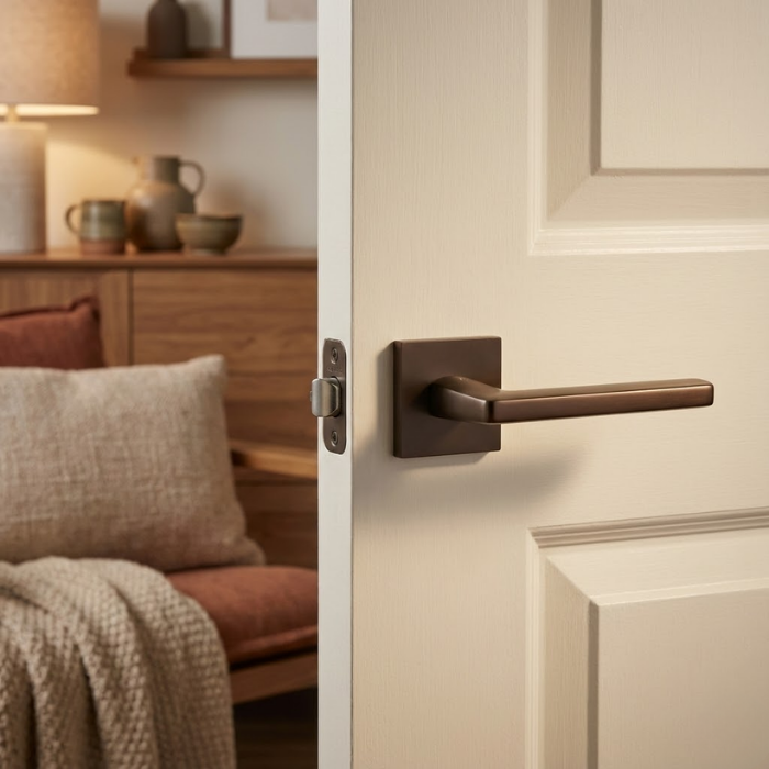 Pyrola - Brown Understated square door handles in a warm brown finish from the Pyrola range, mounted on a classic cream-colored paneled door.