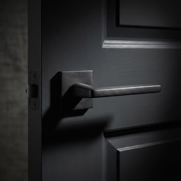 Pyrola - Matt Black Pyrola on Square Rosette understated square door handles in a sleek matt black finish, providing a modern contrast on a dark grey door.