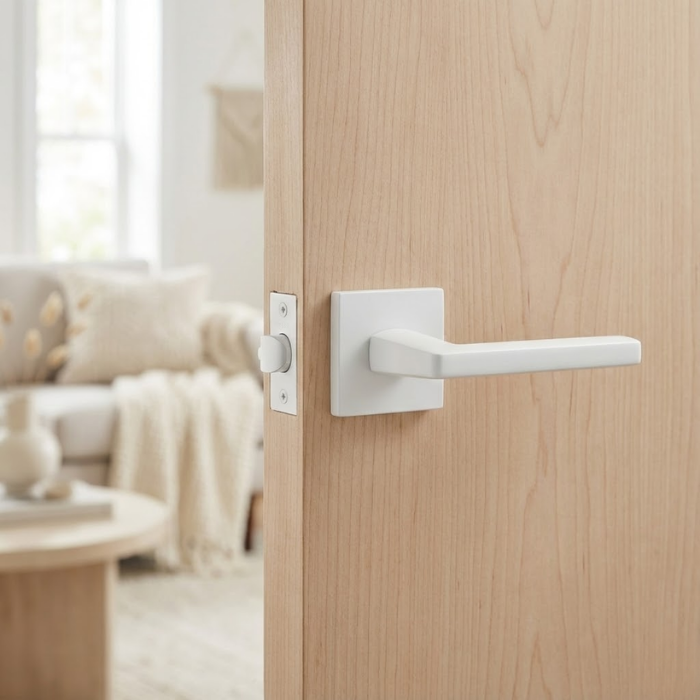 Pyrola - Matt White Understated square door handles in a clean matt white finish from the Pyrola collection, installed on a light natural wood door.
