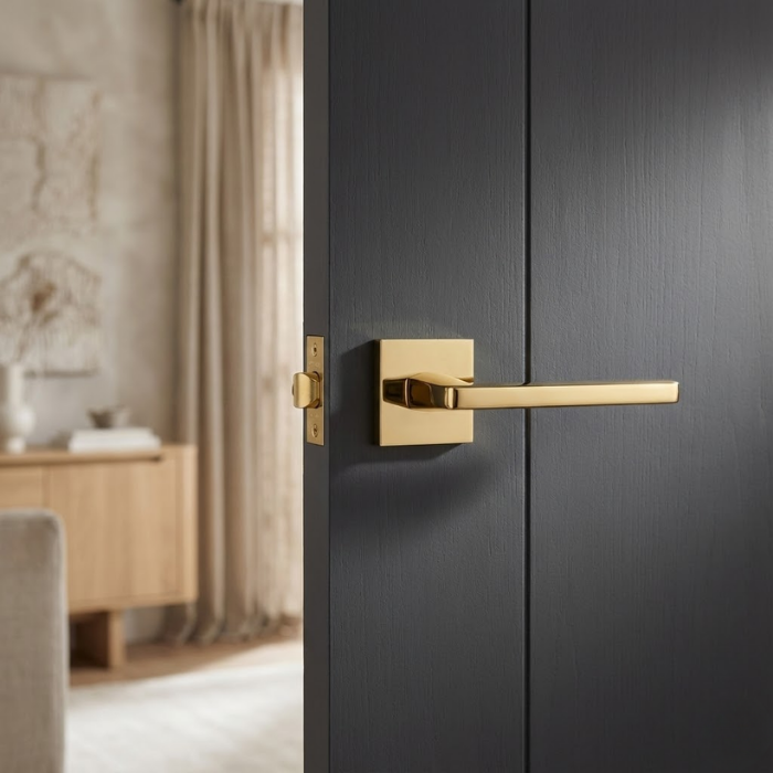 Pyrola - PVD Gold Understated square door handles in a brilliant PVD gold finish from the Pyrola range, mounted on a sophisticated dark charcoal interior door.