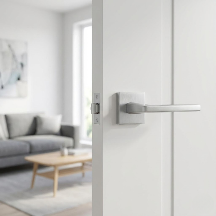 Pyrola - Satin Chrome Pyrola on Square Rosette understated square door handles in a smooth satin chrome finish, installed on a minimalist white door.
