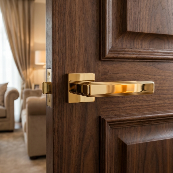 Raflesia - Polished Gold High-end square door handles in a brilliant polished gold finish from the Raflesia collection, mounted on a luxury dark wood paneled door.