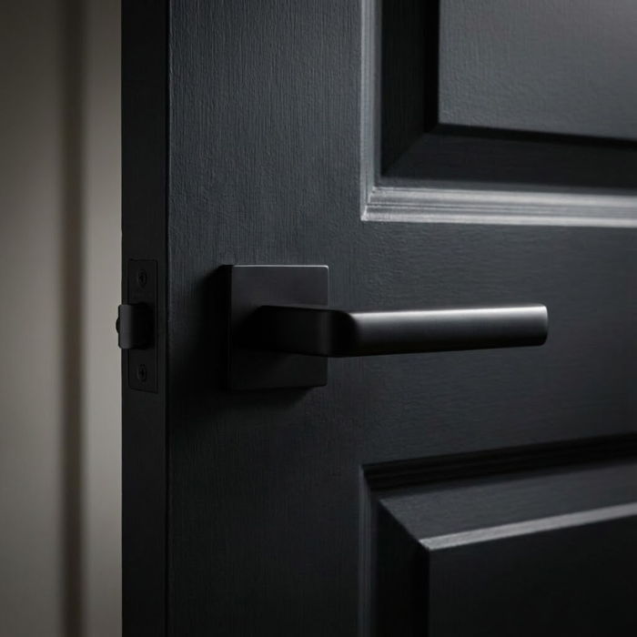 Salice - Matt Black Salice on Square Rosette stylish square internal door handles in a bold matt black finish, providing a modern contrast on a matching dark door.