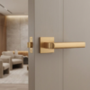 Contemporary matt gold Salice on Square Rosette stylish square internal door handles with a soft brushed glow on a neutral light grey door.