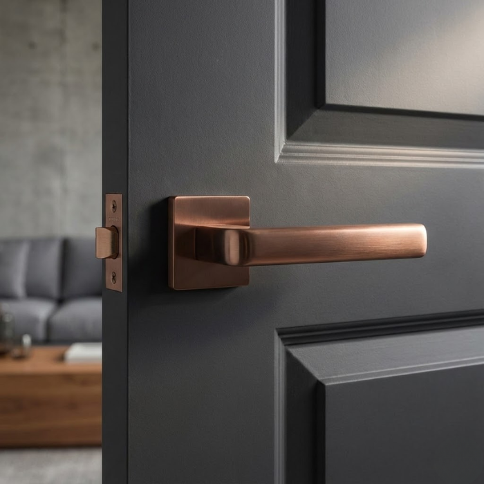Salice - PVD Copper Rich PVD copper Salice on Square Rosette stylish square internal door handles featuring a brushed metallic texture on a dark charcoal door.