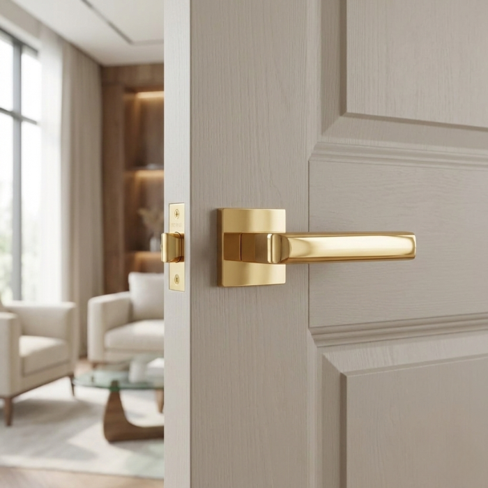 Salice - Polished Gold Stylish square internal door handles in a mirror-finish polished chrome from the Salice range, mounted on a bright white paneled door.
