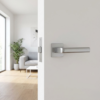 Stylish square internal door handles in a sleek satin chrome finish from the Salice collection, mounted on a minimalist white interior door.