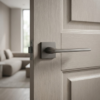Timeless square door handles in a dark graphite finish from the Salvia on Square Rosette collection, mounted on a light grey timber door.