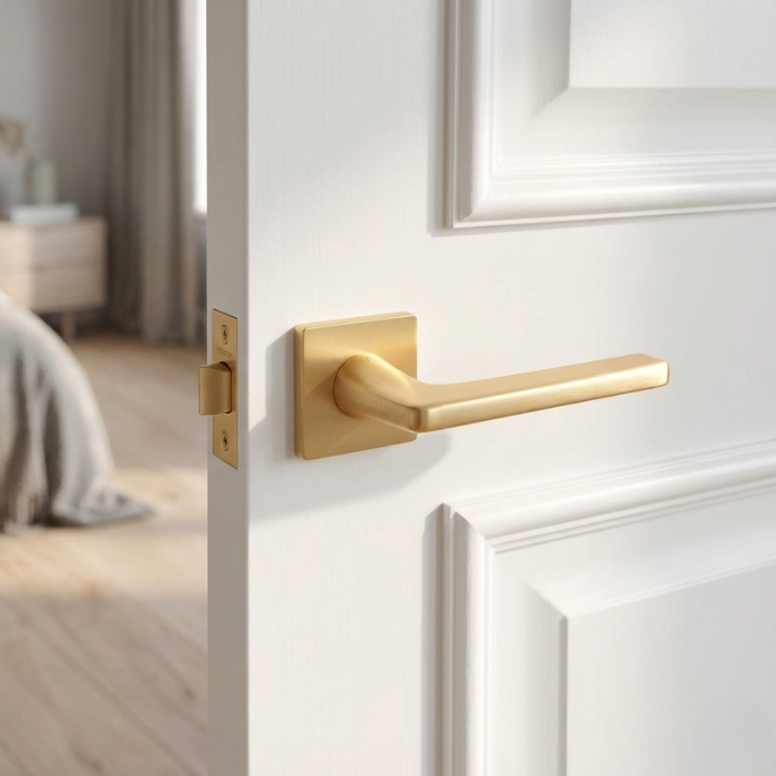 Setia - Matt Gold Classic square internal door handles in a soft matt gold finish from the Setia collection, installed on a clean white paneled door.