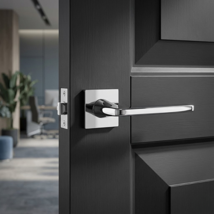 Setia - Polished Chrome High-shine polished chrome Setia on Square Rosette classic square internal door handles featuring a mirror-like finish on a dark charcoal interior door.