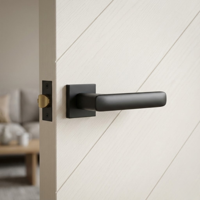Stella - Matt Black Stella on Square Rosette sophisticated square door handles in a bold matt black finish, mounted on a white door with a modern diagonal wood grain pattern.