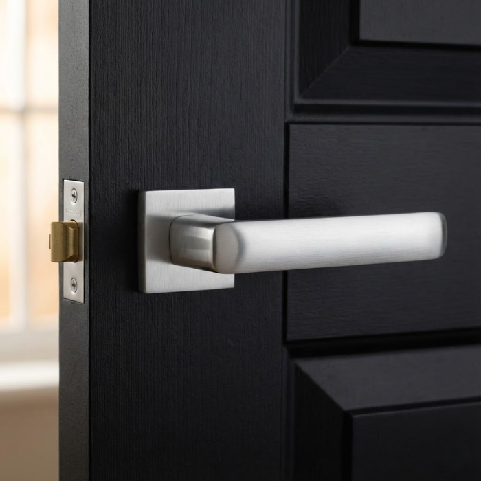 Stella - Satin Chrome Sophisticated square door handles in a sleek satin chrome finish from the Stella on Square Rosette collection, installed on a contemporary black interior door.