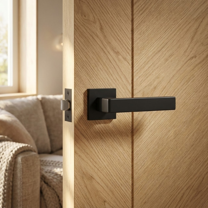 Sulla - Matt Black Bold matt black Sulla on Square Rosette sleek square internal door handles providing a sharp, modern contrast on a natural oak wood door.