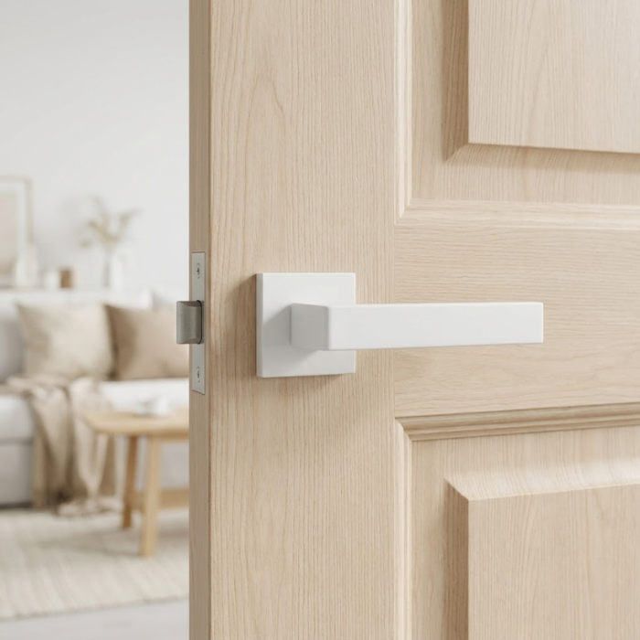 Sulla - Matt White Sulla on Square Rosette sleek square internal door handles in a clean matt white finish, mounted on a light natural wood door for a bright, modern look.