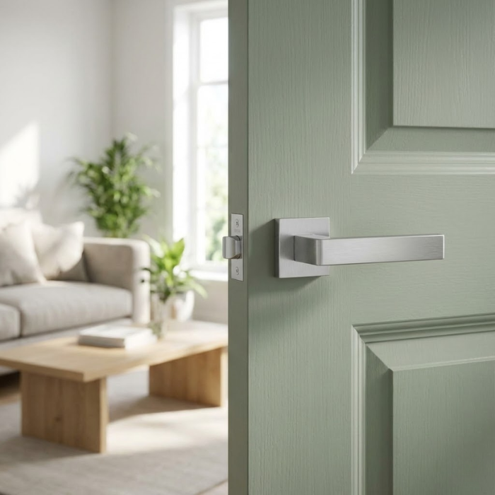 Sulla - Satin Chrome Sulla on Square Rosette sleek square internal door handles in a smooth satin chrome finish, mounted on a soft sage green panelled door.