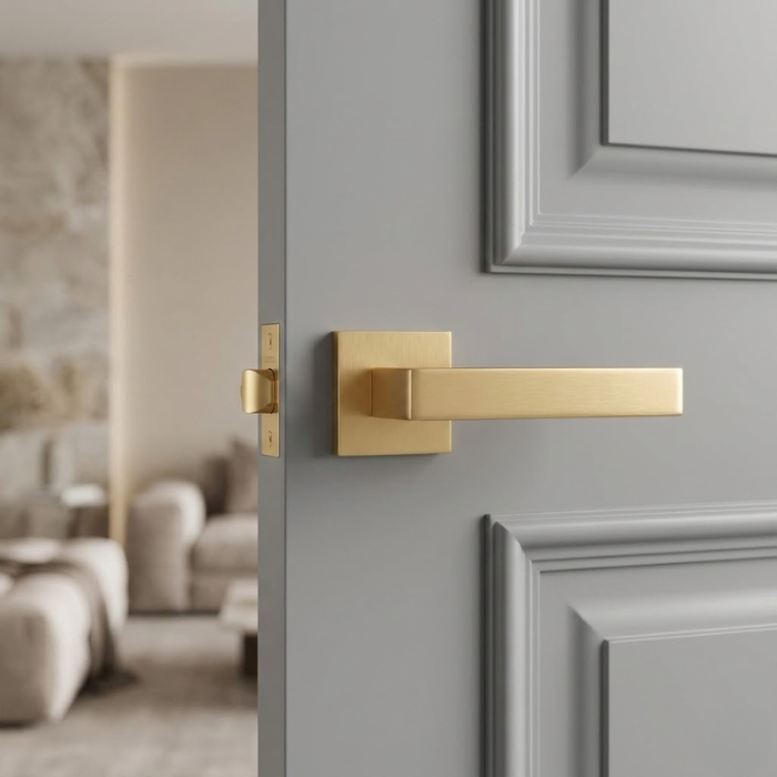 Sulla - Satin Gold Contemporary satin gold Sulla on Square Rosette sleek square internal door handles with a soft brushed texture on a sophisticated grey door.