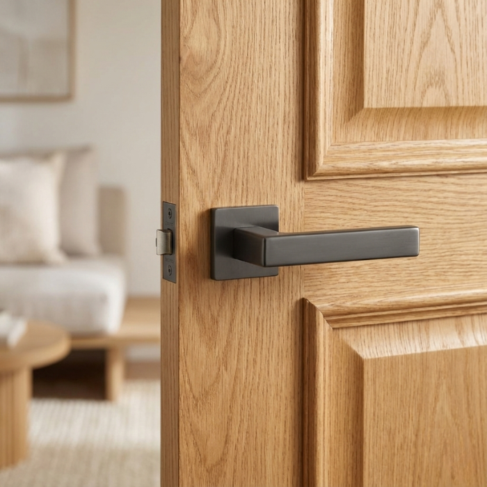 Tilia - Matt Anthracite Contemporary square door handles in a sleek matt anthracite finish from the Tilia collection, installed on a natural oak wood door.