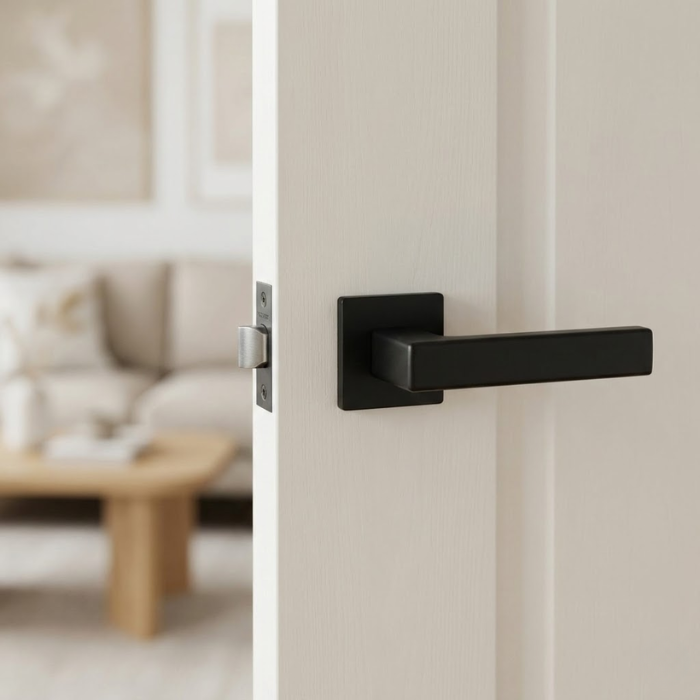 Tilia - Matt Black Tilia on Square Rosette contemporary square door handles in a bold matt black finish, mounted on a minimalist white interior door.