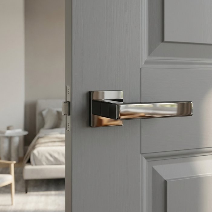 Tilia - Polished Anthracite Reflective polished anthracite Tilia on Square Rosette contemporary square door handles featuring a dark mirror-like finish on a light grey door.